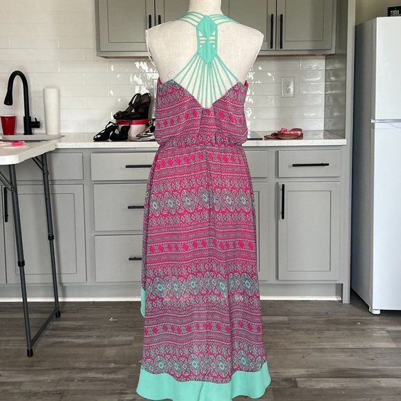 Umgee Hi Low Dress Pink Green Print Sleeveless Caged Back Size Large - Picture 6 of 8
